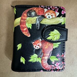 Shagwear Small Black Vegan Leather Red Panda Folding Wallet. 4.5” by 3.5”